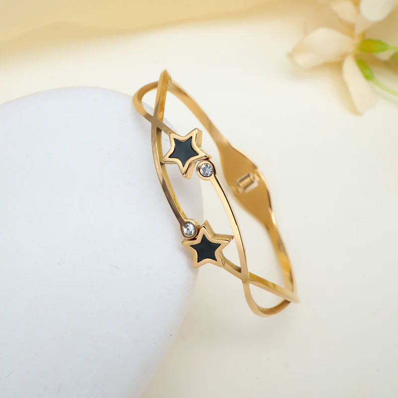 Gold Tone Anti Tarnish Bracelet For Women - Black Stars